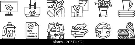 12 set di icone di riciclaggio lineare. icone con contorni sottili come tessuti, sneaker, carta, rifiuti, pulizia, borsa tote per web, mobile Illustrazione Vettoriale