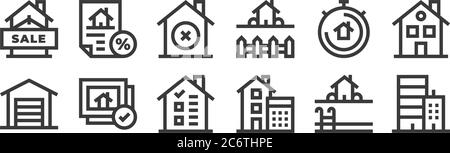 12 insieme di icone immobiliari lineari. icone di contorno sottile come immobili, calcoli, foto, cronometro, scartare, sconto per il web, mobile Illustrazione Vettoriale