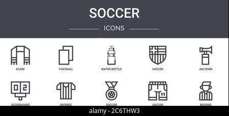 set di icone per linee di concetto di calcio. contiene icone utilizzabili per il web, il logo, l'interfaccia utente/ux come calcio, calcio, tabellone, calcio, arbitro, tromba aerea, fondo d'acqua Illustrazione Vettoriale