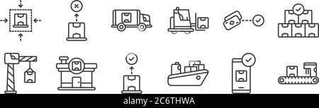 12 set di icone lineari di spedizione e consegna. icone a contorno sottile come nastro trasportatore, nave da carico, magazzino, denaro, camion di consegna, pacchetto per il web, Illustrazione Vettoriale
