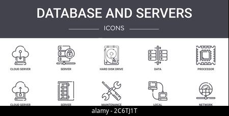 set di icone della linea di concetto di database e server. contiene icone utilizzabili per il web, il logo, l'interfaccia utente/utente, quali server, dati, server cloud, manutenzione, locale, networ Illustrazione Vettoriale