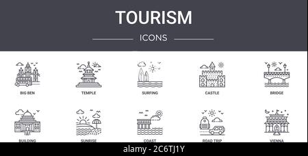 set di icone per linee di concetto turistico. contiene icone utilizzabili per il web, il logo, l'interfaccia utente/utente come tempio, castello, edificio, costa, viaggio su strada, vienna, ponte, surf Illustrazione Vettoriale
