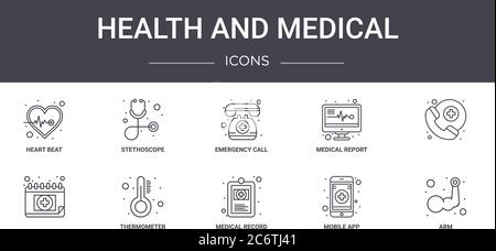 set di icone della linea di concetto medico e sanitario. contiene icone utilizzabili per il web, il logo, l'interfaccia utente/utente come stetoscopio, referto medico, cartella clinica, ap mobile Illustrazione Vettoriale