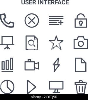 set di 16 icone di linee vettoriali di concetto dell'interfaccia utente. 64x64 icone di tratti sottili come annulla, presentazione, fotocamera, bullone, pulsante di riproduzione, rimozione, des Illustrazione Vettoriale