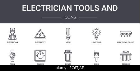 strumenti per elettricisti e set di icone della linea concettuale. contiene icone utilizzabili per il web, il logo, l'interfaccia utente/ux, quali elettricità, lampadina, strappato, alimentazione, spina, cassetta degli attrezzi, Illustrazione Vettoriale