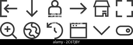 12 set di icone dell'interfaccia utente lineare. icone con contorni sottili come il pulsante di attivazione/disattivazione, il sito web, il globo, il negozio, l'utente, la freccia verso il basso per il web, i dispositivi mobili Illustrazione Vettoriale