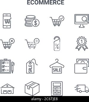 set di 16 icone di linee vettoriali di concetto ecommerce. icone con pennellate sottili 64x64 come monete in dollari, carrello, certificato di garanzia, etichetta di vendita, cardboa Illustrazione Vettoriale