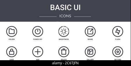 set di icone di base per la linea di concetto dell'interfaccia utente. contiene icone utilizzabili per il web, il logo, l'interfaccia utente/utente, quali spegnimento, condivisione, blocco, eliminazione, galleria, impostazione, flash, luminosità Illustrazione Vettoriale