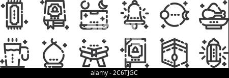 12 set di icone lineari ramadan kareem. icone con contorni sottili come luce, quran, edificio, luna, timeline, quran per il web, cellulare Illustrazione Vettoriale