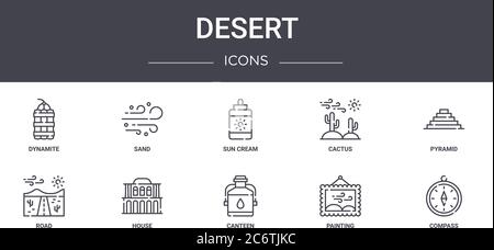 set di icone della linea desert concept. contiene icone utilizzabili per il web, il logo, l'interfaccia utente/ux come sabbia, cactus, strada, mensa, pittura, bussola, piramide, crema solare Illustrazione Vettoriale
