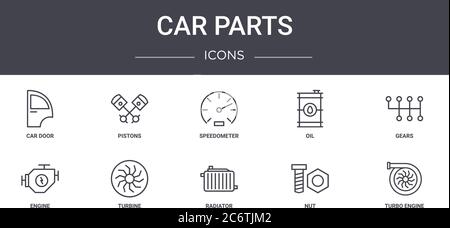set di icone della linea di concetto delle parti di auto. contiene icone utilizzabili per web, logo, ui/ux quali pistoni, olio, motore, radiatore, dado, motore turbo, ingranaggi, velocità Illustrazione Vettoriale