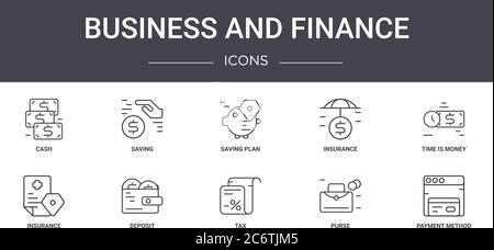 set di icone di concetto di business e finanza. contiene icone utilizzabili per il web, logo, ui/ux come il salvataggio, assicurazione, assicurazione, tasse, borsa, pagamento meth Illustrazione Vettoriale