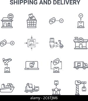 set di 16 icone di linee vettoriali per il concetto di spedizione e consegna. icone di corsa sottile 64x64 come scatole, denaro, magazzino, contanti alla consegna, carrello elevatore a forche, gru, Illustrazione Vettoriale