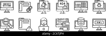 12 insieme di icone di sviluppo web lineare. icone di contorno sottile come xml, report, alert, computer, promozione, link per il web, mobile Illustrazione Vettoriale