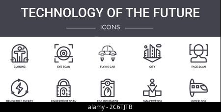 set di icone della linea di concetto technology of the future. contiene icone utilizzabili per il web, logo, ui/ux come scansione oculare, città, energie rinnovabili, incubatore a uova, s. Illustrazione Vettoriale