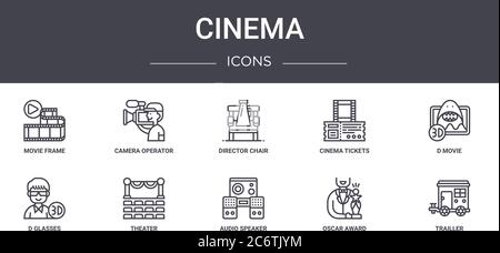 set di icone per la linea di concetto cinematografico. contiene icone utilizzabili per il web, il logo, l'interfaccia utente/utente, quali operatore di telecamera, biglietti per il cinema, occhiali d, altoparlante audio, oscar awa Illustrazione Vettoriale