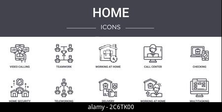 set di icone della linea home concept. contiene icone utilizzabili per il web, il logo, l'interfaccia utente/utente, come lavoro di squadra, call center, sicurezza domestica, consegna, lavoro a casa, multi Illustrazione Vettoriale