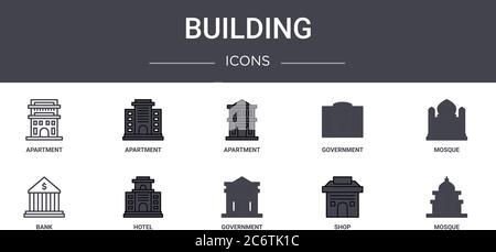 set di icone della linea di concetto di costruzione. contiene icone utilizzabili per il web, il logo, l'interfaccia utente/utente, come appartamento, governo, banca, governo, negozio, moschea, moschea, apa Illustrazione Vettoriale