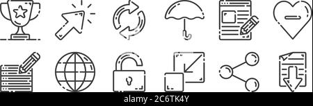 12 insieme di icone dell'interfaccia utente lineare. icone con contorni sottili come documento, uscita a schermo intero, globo, blog, aggiornamento, cursore per il web, dispositivi mobili Illustrazione Vettoriale