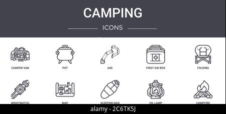 set icone linea concept camping. contiene icone utilizzabili per web, logo, ui/ux come pentola, cassetta di pronto soccorso, orologio da polso, sacco a pelo, lampada ad olio, falò, f Illustrazione Vettoriale