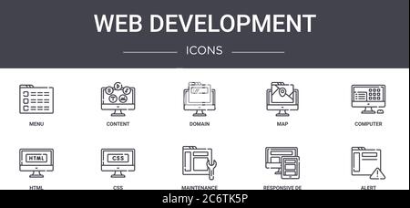 set di icone della linea di concetto di sviluppo web. contiene icone utilizzabili per il web, il logo, l'interfaccia utente/utente come contenuto, mappa, html, manutenzione, risposta de, avviso, comp Illustrazione Vettoriale