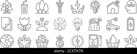 icone di linea di ecologia. set lineare. insieme di linea vettoriale di qualità come germoglio, biocarburante, terra, terra, auto elettrica, energia, pensare, ecologia, bin Illustrazione Vettoriale