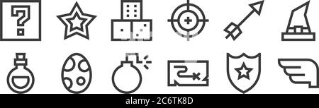 12 insieme di icone di elementi di gioco video lineari. icone di contorni sottili come ali, mappa, uovo, freccia, dadi, stella per il web, cellulare Illustrazione Vettoriale