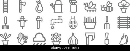 landscaping equipment line icons. set lineare. set di linee vettoriali di qualità come mango, ascia, pentola di pianta, pentola di pianta, rastrello, ascia, pentola di pianta, bottiglia di spruzzo, ascia Illustrazione Vettoriale