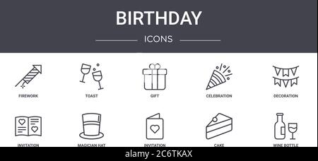 set di icone per la linea di concetto di compleanno. contiene icone utilizzabili per il web, il logo, l'interfaccia utente/utente, come toast, festeggiamenti, inviti, inviti, torte, bottiglie di vino, dicembre Illustrazione Vettoriale