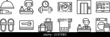 12 set di icone di hotel lineari. icone di contorni sottili come lavatrice, asciugamano, keycard, ascensore, manubri, reception per il web, mobile Illustrazione Vettoriale