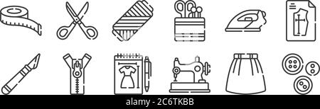 12 set di icone per cucire lineari. icone con contorni sottili come bottoni, macchina da cucire, cerniera, ferro, filo, forbici per il web, mobile Illustrazione Vettoriale