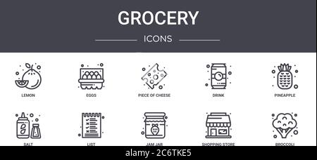 set di icone della linea di concept di alimentari. contiene icone utilizzabili per il web, il logo, l'interfaccia utente/utente come uova, bevande, sale, vasetto di marmellata, negozio di articoli per la spesa, broccoli, ananas, pi Illustrazione Vettoriale