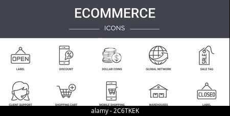 set di icone della linea di concetto ecommerce. contiene icone utilizzabili per il web, il logo, l'interfaccia utente/utente come sconto, rete globale, supporto clienti, shopping mobile, wareho Illustrazione Vettoriale