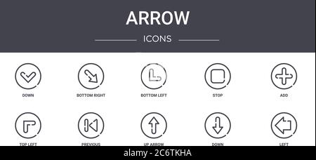 set di icone di linee di concetto a freccia. contiene icone utilizzabili per web, logo, ui/ux, come in basso a destra, stop, in alto a sinistra, freccia su, in basso, a sinistra, aggiungi, in basso a sinistra Illustrazione Vettoriale