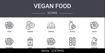 set di icone per la linea vegan food. contiene icone utilizzabili per il web, logo, ui/ux come legumi, latte, funghi, macedonia di frutta, arachidi, olio d'oliva, len Illustrazione Vettoriale