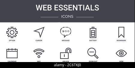 set di icone della linea concettuale di web essentials. contiene icone utilizzabili per il web, il logo, l'interfaccia utente/utente come cursore, batteria, calendario, sblocco, zoom indietro, vista, segnalibro, Illustrazione Vettoriale