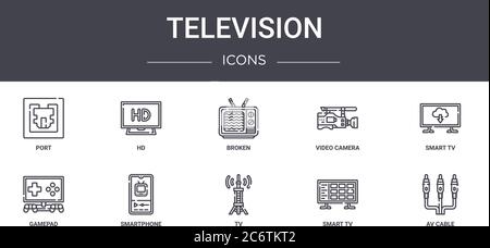 set di icone della linea di concetto per la televisione. contiene icone utilizzabili per il web, il logo, l'interfaccia utente/utente, come hd, videocamera, gamepad, tv, smart tv, cavo av, smart tv, bro Illustrazione Vettoriale