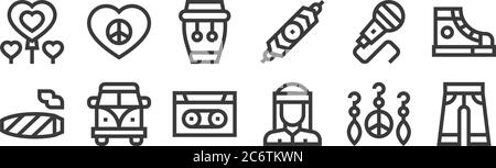 12 set di icone di hippy lineari. icone di contorni sottili come pantaloni, hippy, furgone, microfono, conga, cuore per il web, cellulare Illustrazione Vettoriale