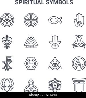 set di 16 simboli spirituali icone di linee vettoriali concettuali. 64x64 icone di tratti sottili come nativo, sikhism, horn of odin, cao dai, triqueta, torii gate, a. Illustrazione Vettoriale