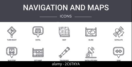 set di icone di navigazione e mappe concettuali. contiene icone utilizzabili per il web, logo, ui/ux quali hotel, ciechi, fermata bus, telescopio, parabola satellitare, palestra, Illustrazione Vettoriale