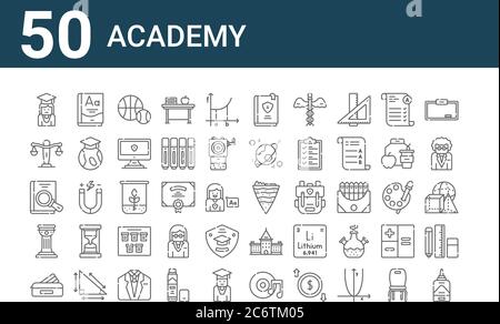 set di 50 icone accademiche. delineare icone sottili come colla liquida, caso matita, storia, libro, legge, grammatica, geografia Illustrazione Vettoriale