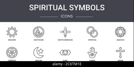 simboli spirituali set di icone di linee concettuali. contiene icone utilizzabili per il web, logo, ui/ux come ascetismo, spirituale, tenrikyo, ajna, hamsa, croce, anah Illustrazione Vettoriale