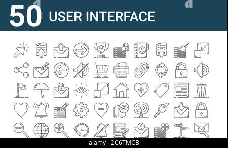 set di 50 icone dell'interfaccia utente. delineare icone di linee sottili come e-mail, zoom indietro, cuore, flag, condivisione, documento, home Illustrazione Vettoriale