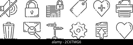 12 set di icone dell'interfaccia utente lineare. icone con contorni sottili come cuore, impostazione, e-mail, preferiti, database, blocco per il web, dispositivi mobili Illustrazione Vettoriale