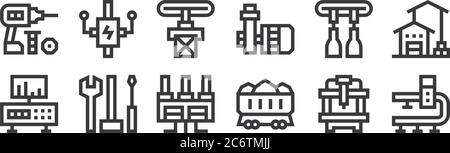 12 set di icone di produzione lineare. icone con contorni sottili come nastro trasportatore, carbone, utensili, nastro trasportatore, nastro trasportatore, leva di comando per nastro, mobi Illustrazione Vettoriale