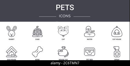 set icone linea concettuale animali domestici. contiene icone utilizzabili per web, logo, ui/ux come gabbia, acqua, casa del cane, giocattolo del mouse, letto per animali domestici, spray, casa del gatto, gatto Illustrazione Vettoriale