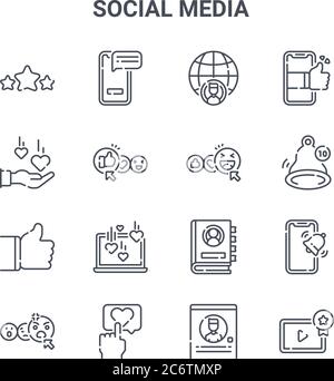 set di 16 icone di linee vettoriali di concetto di social media. 64x64 icone di tratti sottili come smartphone, amore, notifica, elenco contatti, amore, lettore video, pr Illustrazione Vettoriale