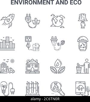 set di 16 icone di linee vettoriali ecologiche e ambientali. icone di corsa sottile 64x64 come energia ecologica, costruzione, riciclo, risparmio di acqua, provette, cloud Illustrazione Vettoriale