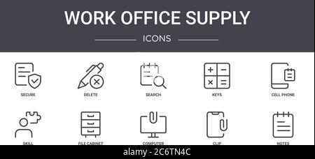 set di icone della linea di concetto per l'alimentazione dell'ufficio. contiene icone utilizzabili per il web, il logo, l'interfaccia utente/ux, quali delete, tasti, abilità, computer, clip, note, cellulare, Illustrazione Vettoriale