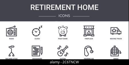 set icone linea concetto casa di riposo. contiene icone utilizzabili per il web, logo, ui/ux come orologio, camino, bastone da passeggio, chitarra, apparecchio acustico, bingo Illustrazione Vettoriale